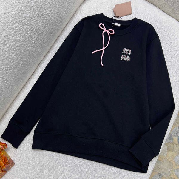

women's sweater miui designer sweatshirts diamond letters long-sleeved tshirt embroidered hoodie round neck loose pullover bottoming, Black