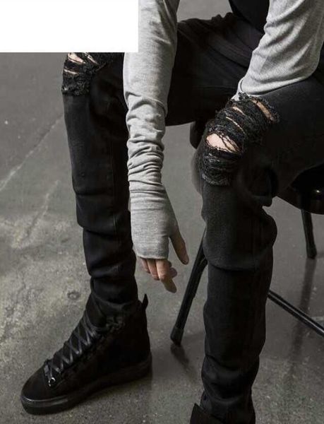 

fashion mens straight slim fit biker jeans pants distressed skinny ripped destroyed denim jeans washed hiphop trousers black4268650, Blue