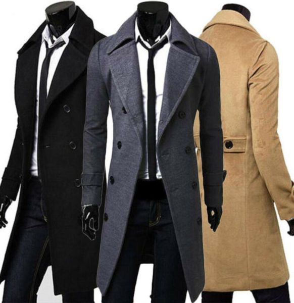

men039s trench coats coat warm thicken jacket woolen peacoat long overcoat 8498312, Tan;black