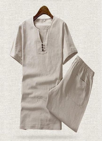 

new arrival summer cotton linen thin short sleeve tshirt fashion plus size m5xl two piece sets shorts for men7897482, Gray