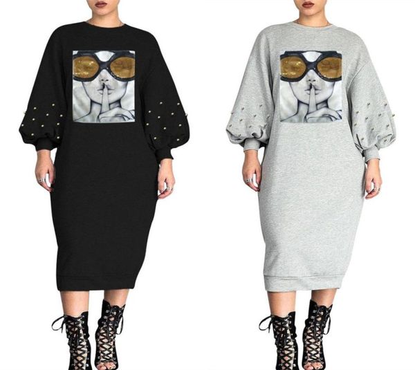 

womens sweatshirt dress sequined pearls print full sleeve girl women o neck dress spring fashion casual nightclub midi dress vesti5055782, Black;gray