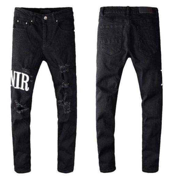 

brand straight distressed jeans motorcycle ripped holes black color mens jean casual slim fit letter printed denim pants 100 11932237, Blue