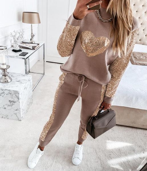 

women tracksuits khaki love sequins casual sport suit round neck long sleeve hoodies pants two piece set outfits plus size cl3479388, Gray