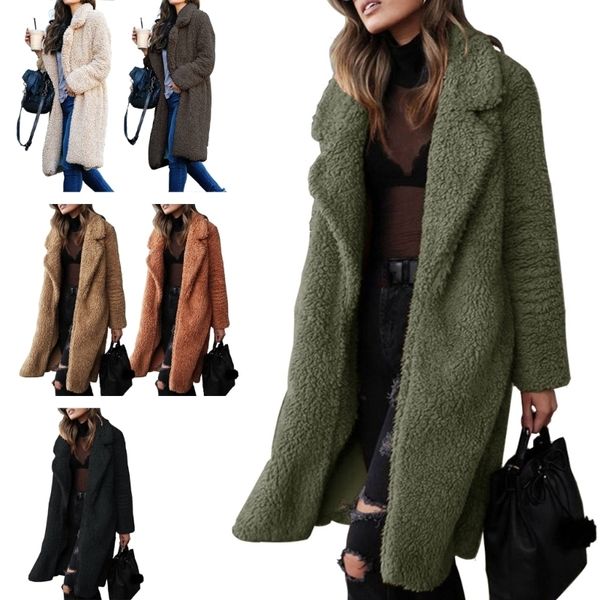 

womens wool blends women winter fuzzy fleece lapel cardigan coats outerwear solid color drop 230818, Black