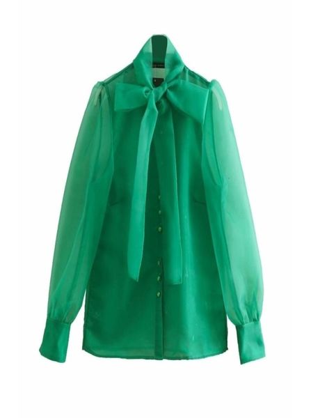 

women high street bow collar transparent organza green smock shirt blouses women long sleeve buttons blusas chemise ls3233 y13960942, White