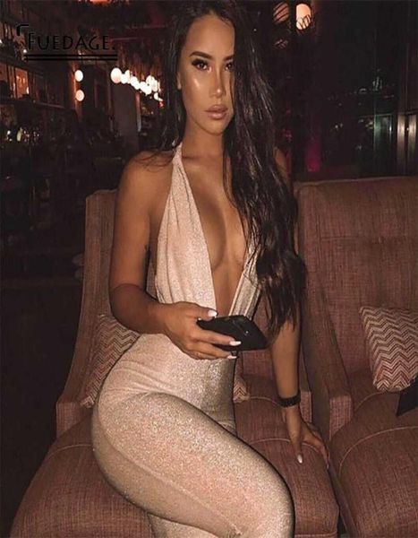 

fuedage summer women jumpsuit romper bodycon sparkle glitter hollow out deep v neck women jumpsuit solid female club suits t28529320, Black;white
