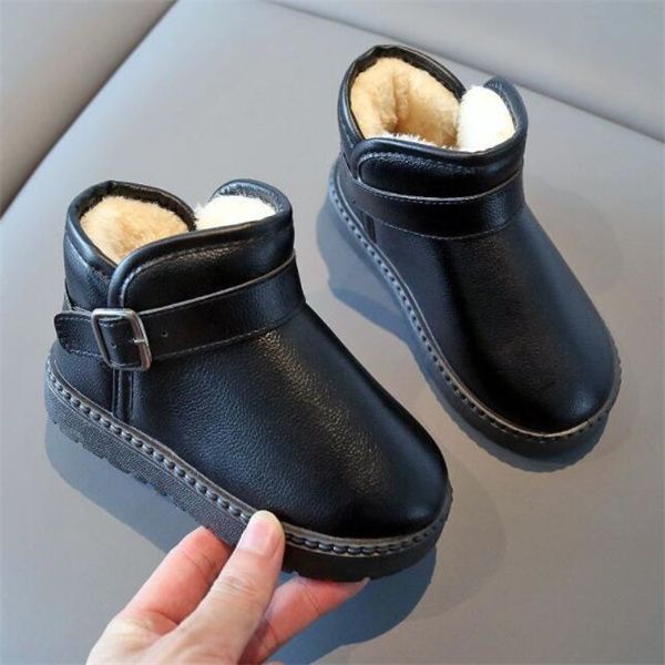 

children' snow boots winter new girls' short boots with velvet anti-slip glossy princess cotton shoes, Black;grey