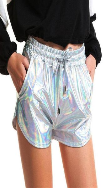 

women039s shorts women shiny metallic 2021 summer holographic wet look casual elastic drawstring festival rave booty2940027, White;black