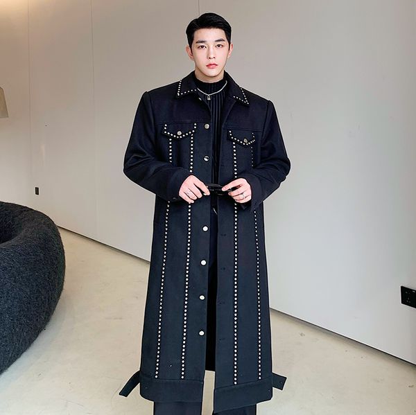 

men's jackets trenchcoat men rivet woolen singlebreasted long trench coat man streetwear vintage punk gothic motorcycle jacket outerwea, Black;brown