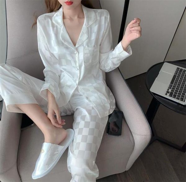 

women039s two piece pants silk houndstooth pajamas set fashion style female couple sleepwear home clothes for men 1543000, White