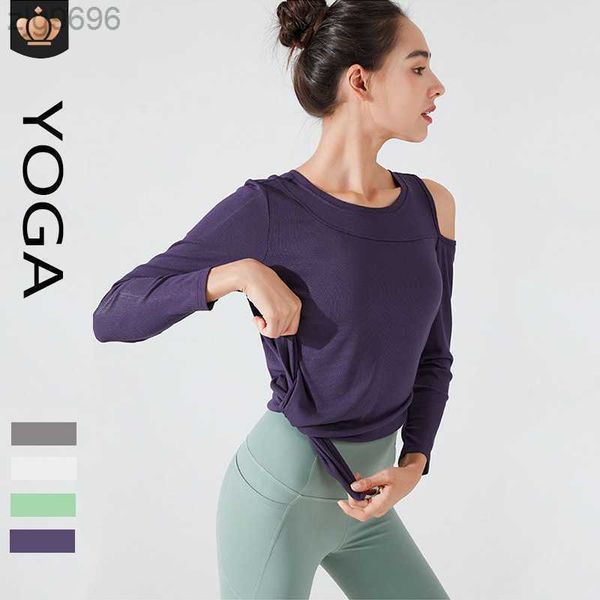 

desginer alos yoga t short alonew off-shoulder quick-drying fitness suit casuslimming pilates long sleeve, White