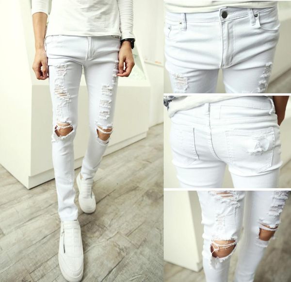 

men jean 2015 new autumn washed knee scratched hole jeans for men black casual slim fit ripped jeans pencil pants size mxxl5214701, Blue