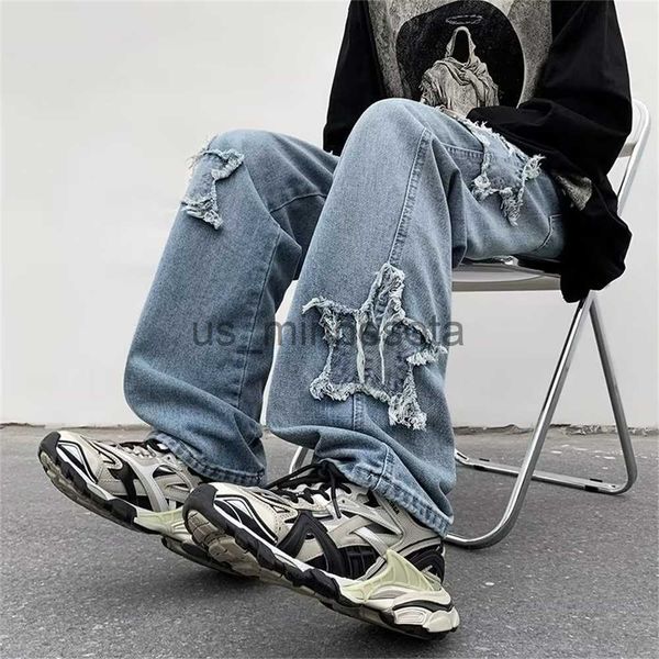 

men's jeans woman blue jeans star pocket vintage y2k straight pants wide leg high waist baggy streetwear casual denim trouser ladies de