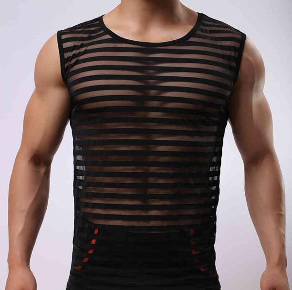 

men undershirt male mesh transparent striped oneck singlets mens sheer ice silk underwear2620045, Black;brown