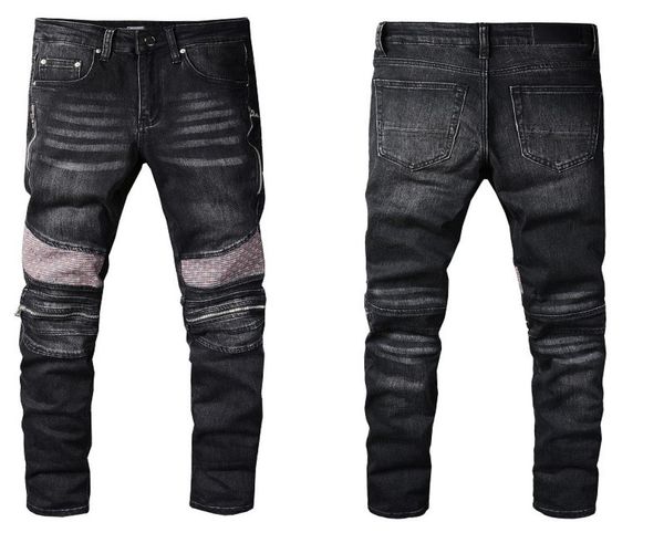 

men skinny jeans ripped holes jeans motorcycle biker patch splice fashion hip hop famous printing denim pants4882432, Blue