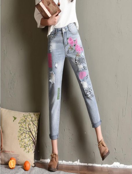 

2020 womens jeans with flowers embroidery boyfriend ripped jeans for women harajuku printing pantalon femme stretch trousers7413113, Blue