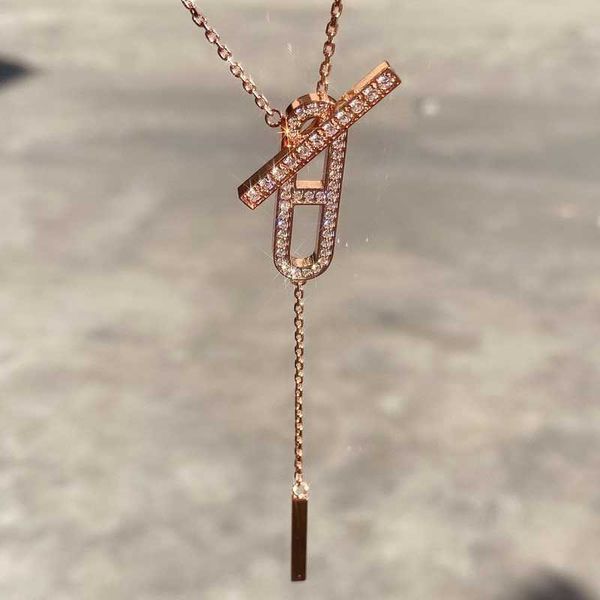 

brand emma's tassel pig nose necklace 925 sterling silver plated 18k rose gold full diamond q sweater chain pendant, Black