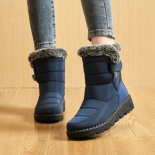 

waterproof snow boots designer blue women winter warm plush ankle booties front zipper non slip cotton padded outdoor shoes, Black