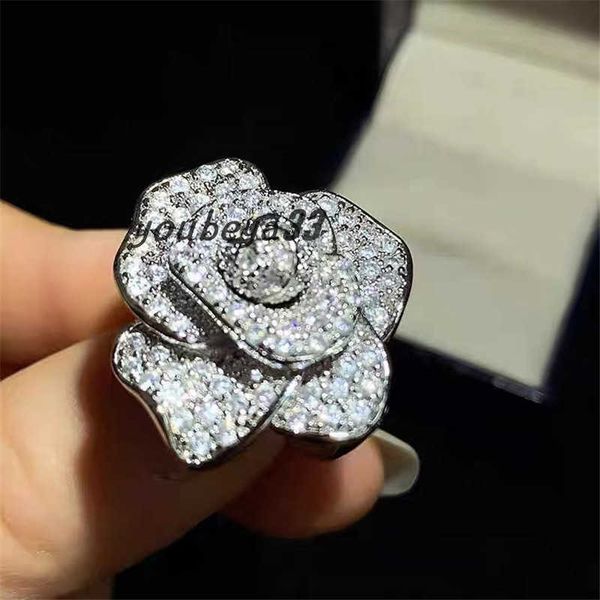 

sweet rose flower designer band rings ajustable size fashion luxury diamond crystal stone silver floral love ring party wedding jewelry
