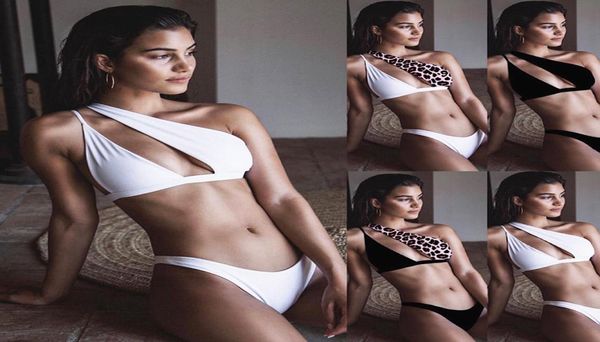 

leopard patchwork bikini women one shoulder cut out bathing suit swimwear brazilian push up padded thong swimwear t2302148567289, White;black