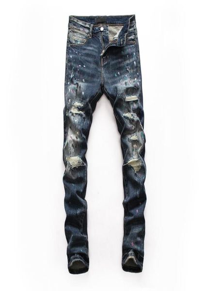 

men039s jeans european style mens stretch men straight denim trousers slim paint printing blue hole zipper for 81326472274
