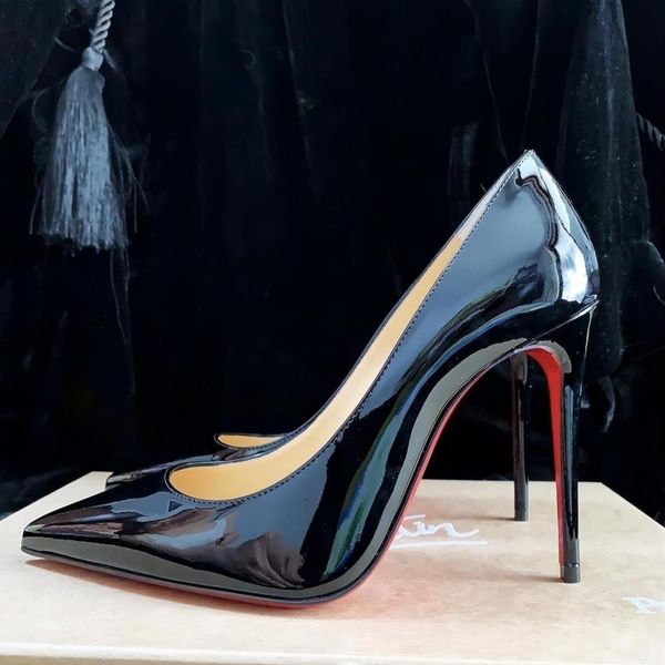 

brand female designer dress shoes red shiny sole pointed toe leather 8  12cm black nude stiletto heel