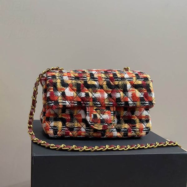 

women tweed classic flap shoulder bag multi colored patchwork vintage crossbody designer bag quilted luxury handbag mini coin purse pochette