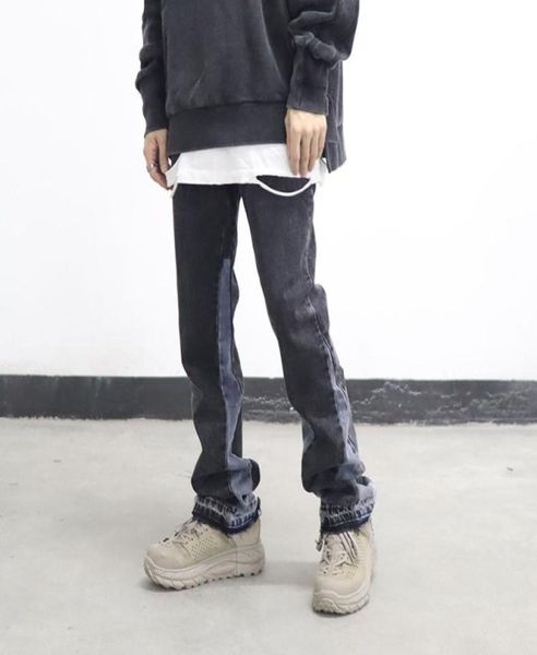 

high street washed color match frayed microflared jeans mens straight spliced retro loose casual denim pants hip hop trousers3420343, Blue