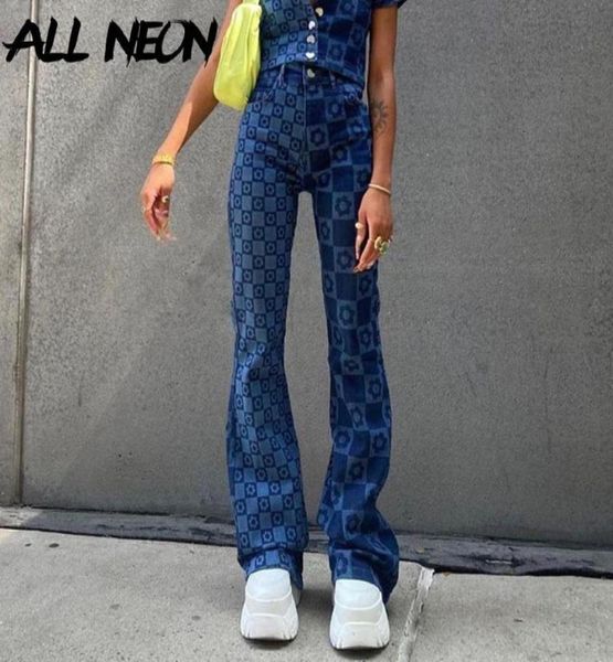 

allneon vintage checkered floral high waist flare jeans egirl 90s fashion print denim baggy pants y2k chic retro trousers mujer7484501, Blue