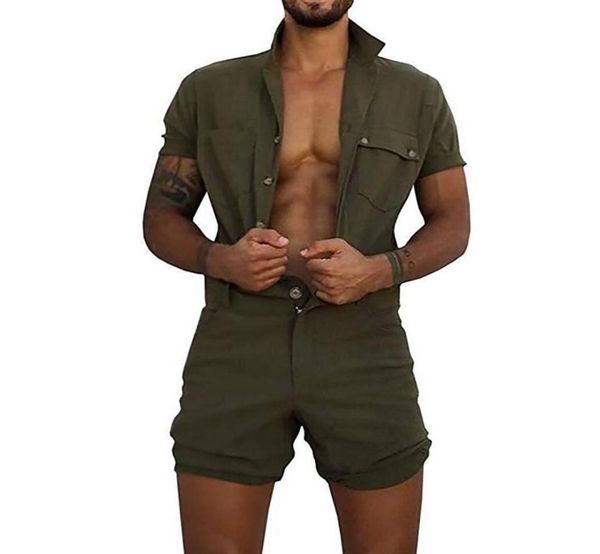 

2020 cotton jumpsuit mens overalls casual lapel short sleeve rompers solid color overall single breasted romper short pants3898310, Gray