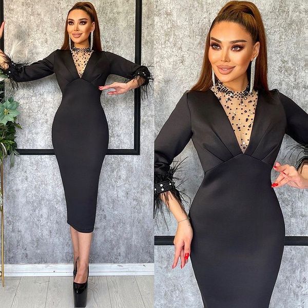 

2023 august aso ebi beaded feather prom dress satin evening formal party second reception birthday engagement gowns dresses robe de soiree z, Black