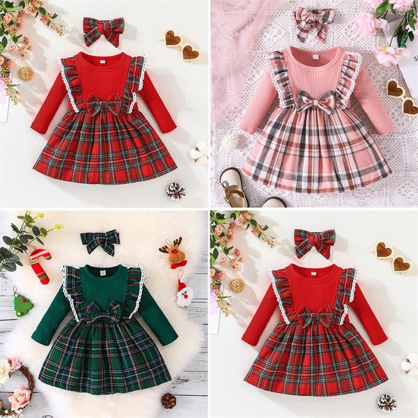 

christmas plaid dress kids girls autumn winter girls' long sleeve dresses bows lace ruffle fall kids a-line skirts with hairband, White