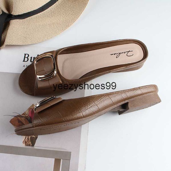 

slippers ladies sandals summer half womens fashion square buckle casual thick heel outer wear flat 230216, Black