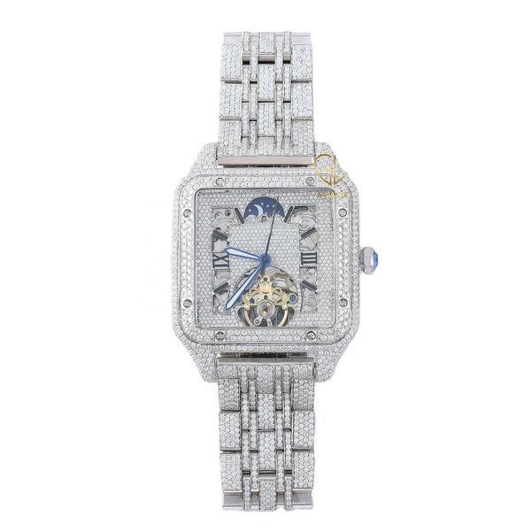 

custom rapper automatic handmade flooed round iced out stainls steel hip hop labgrown diamond wrist men watch, Slivery;brown