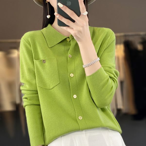 

womens knits tees cardigan cashmere sweater knitted polo collar 230818, White