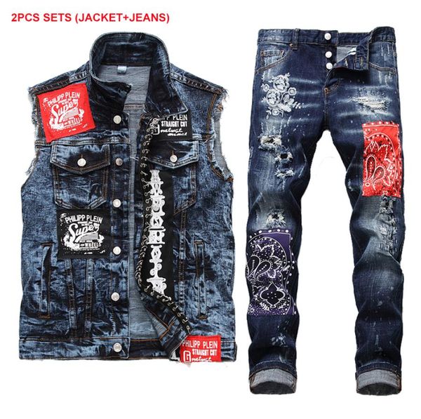 

fashion tracksuits slim fit men039s sets stretch patch denim vest and jeans two piece sets male blue button decoration waistcoa8614223, Gray
