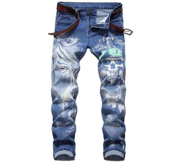 

men039s fashion hip hop jean 3d skull printed denim trousers male streetwear pants stretch6517352, Blue