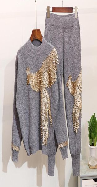 

2018 winter knitted tracksuit women pearls phoenix sweater knit pants black gray set women two piece set 2pcs sets5057555