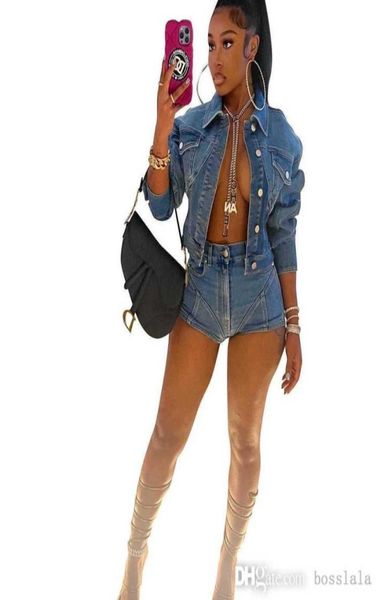 

women jeans tracksuits denim jacket and short two piece pants set casual elastic shorts outfits for spring5250800, Gray