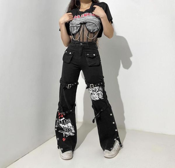 

women039s jeans punk grunge gothic patchwork black cargo emo aesthetic women autumn techwear pants harajuku printed streetwear8816855, Blue