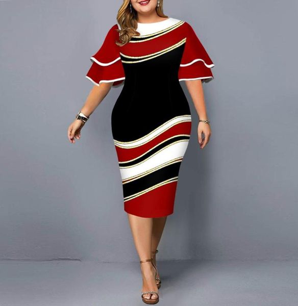 

plus size dresses 2021 autumn elegant layered bell sleeve evening party dress ladies chic geometric print club 3xl 4xl 5xl4632884, Black
