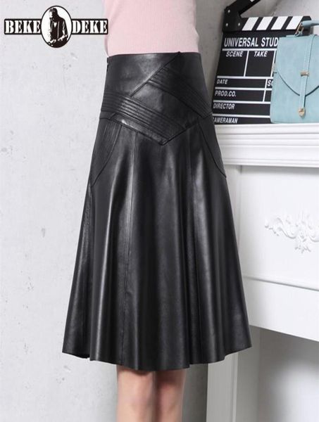 

skirts s5xl plus size skirt women genuine leather high waist midi female black 60 cm long faldas mujer real skin pleated jupe2415757
