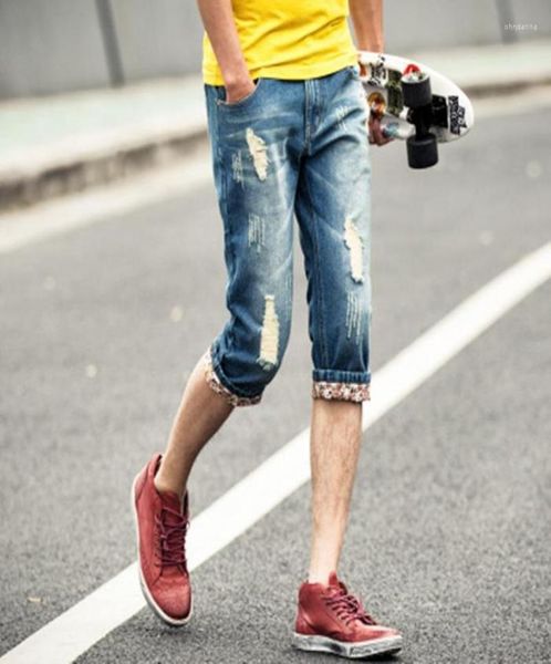 

men039s jeans ripped denim shorts men summer 2022 fashion thin retro cropped pants loose straight tide brand handsome beggar8583364, Blue