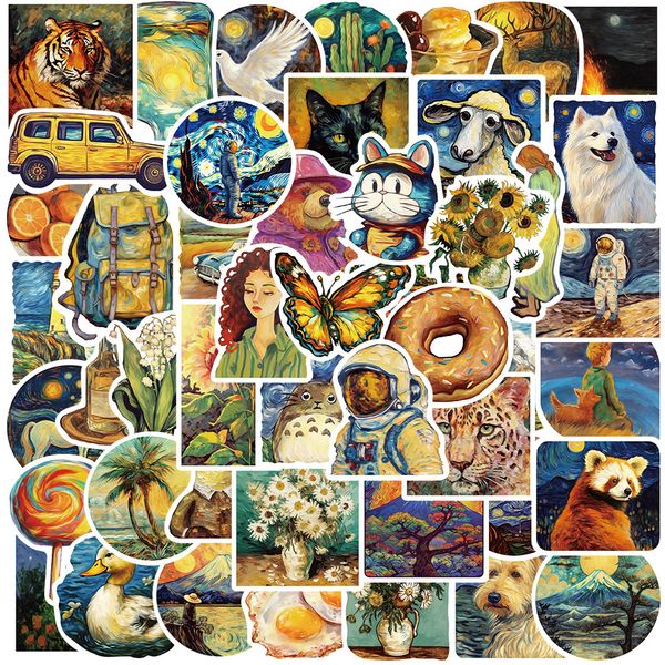 

50pcs cartoon oil painting stickers retro art sticker for water cup