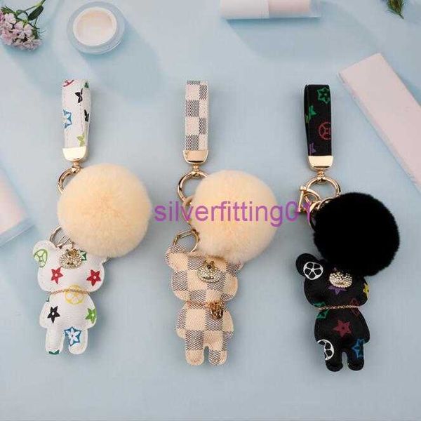 

cute keychains fashion teddy bear designer key chain ring gifts women pu leather car buckles bag charm accessories men animal keyring holder, Silver