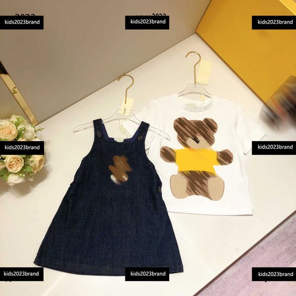 

tracksuits kids designer clothes girl suspender skirt sets baby short sleeved suits 2pcs animal printed t-shirt and denim dress, White
