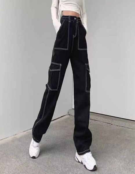 

women039s jeans 2021 black high waist cargo pants women fashion big pockets patchwork baggy denim harajuku trousers streetwear9634163, Blue