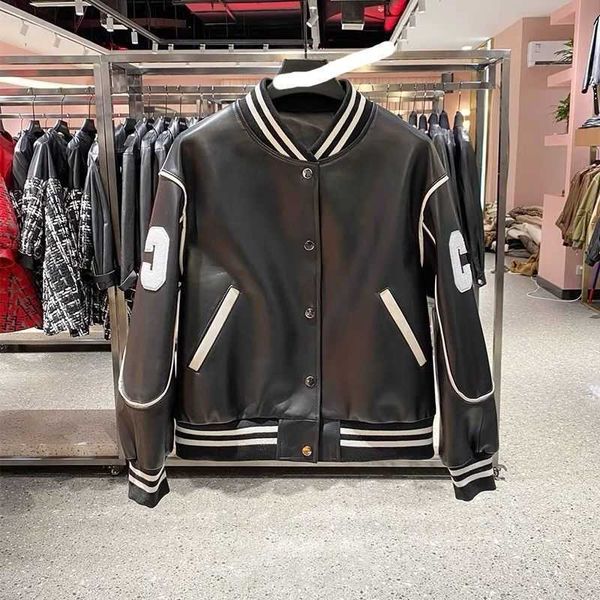 

winter parka women leather jackets celi designer jacket fashion motorcycle suit embroidered fur coat women's v-neck baseball jacket, Black