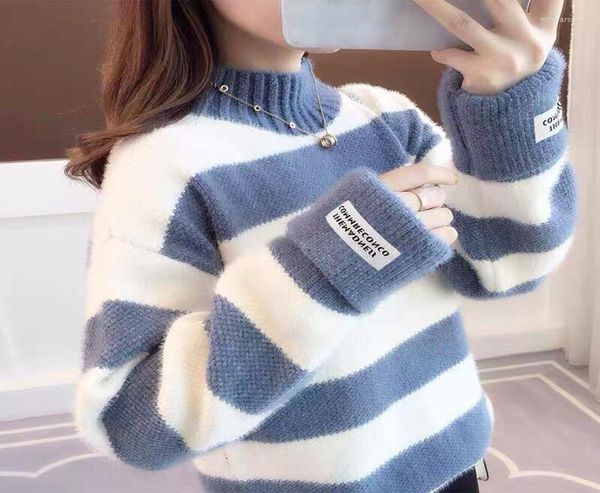 

women039s sweaters 2022 winter thick mink fleece stripe sweater women 5 color pullover short jumper ladies long sleeve half hig8161507, White;black