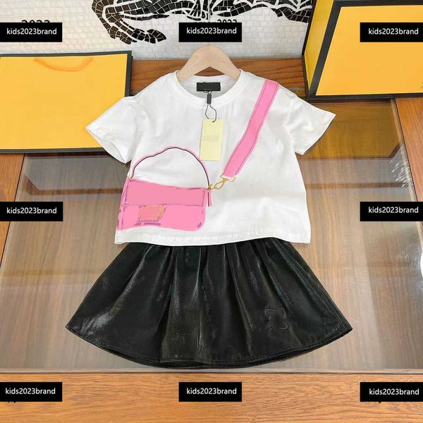 

kids designer clothes baby short sleeved sets 2pcs fashionable crossbody bag pattern printed t-shirt and pleated skirt new product, White